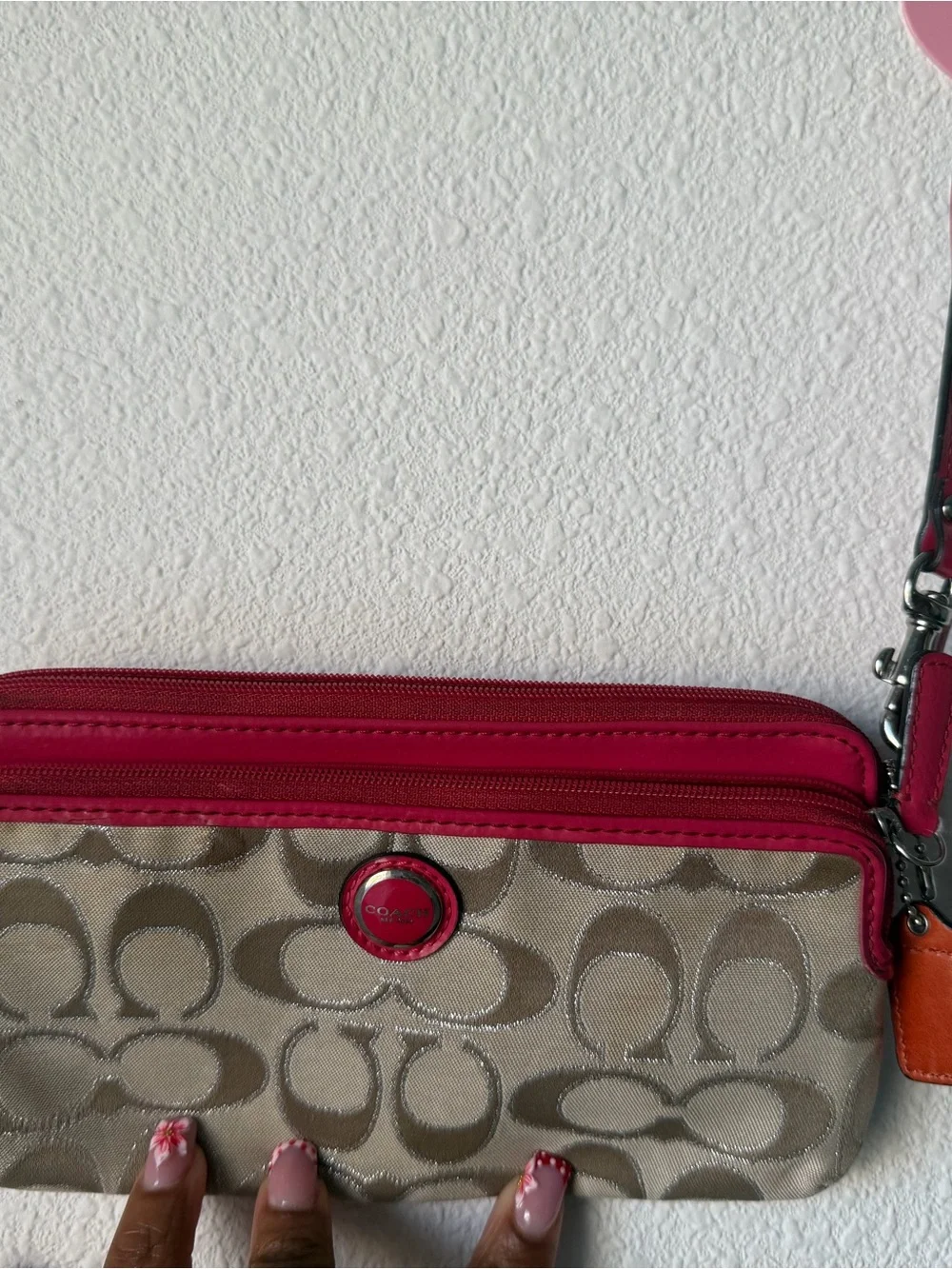 Coach Signature Canvas Wristlet in Beige and Red